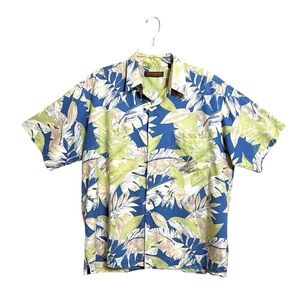 Tori Richard Mens Leaf Print Hawaiian Shirt L Blue Green Short Sleeve Tropical